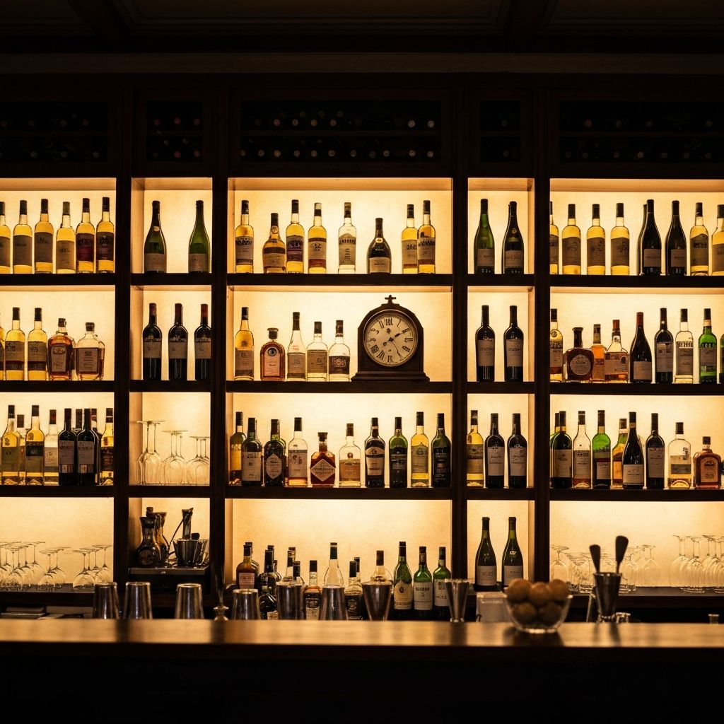 Bar Regale und Uhr