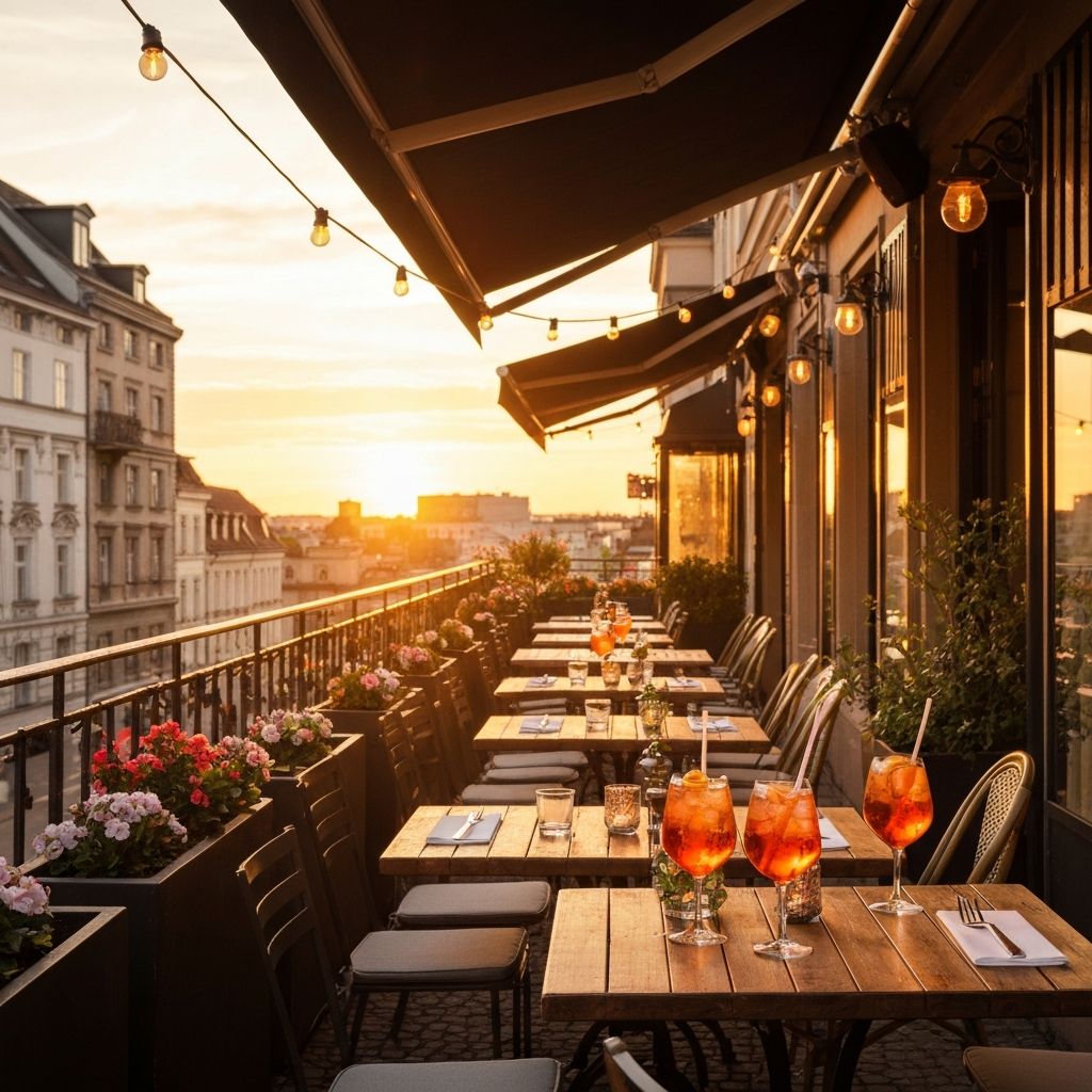 Gaeste geniessen Drinks auf der Terrasse