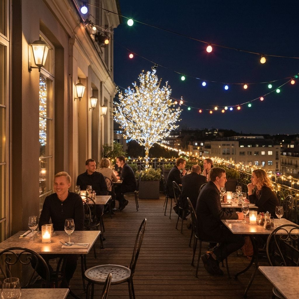 Terrasse mit Baum bei Nacht